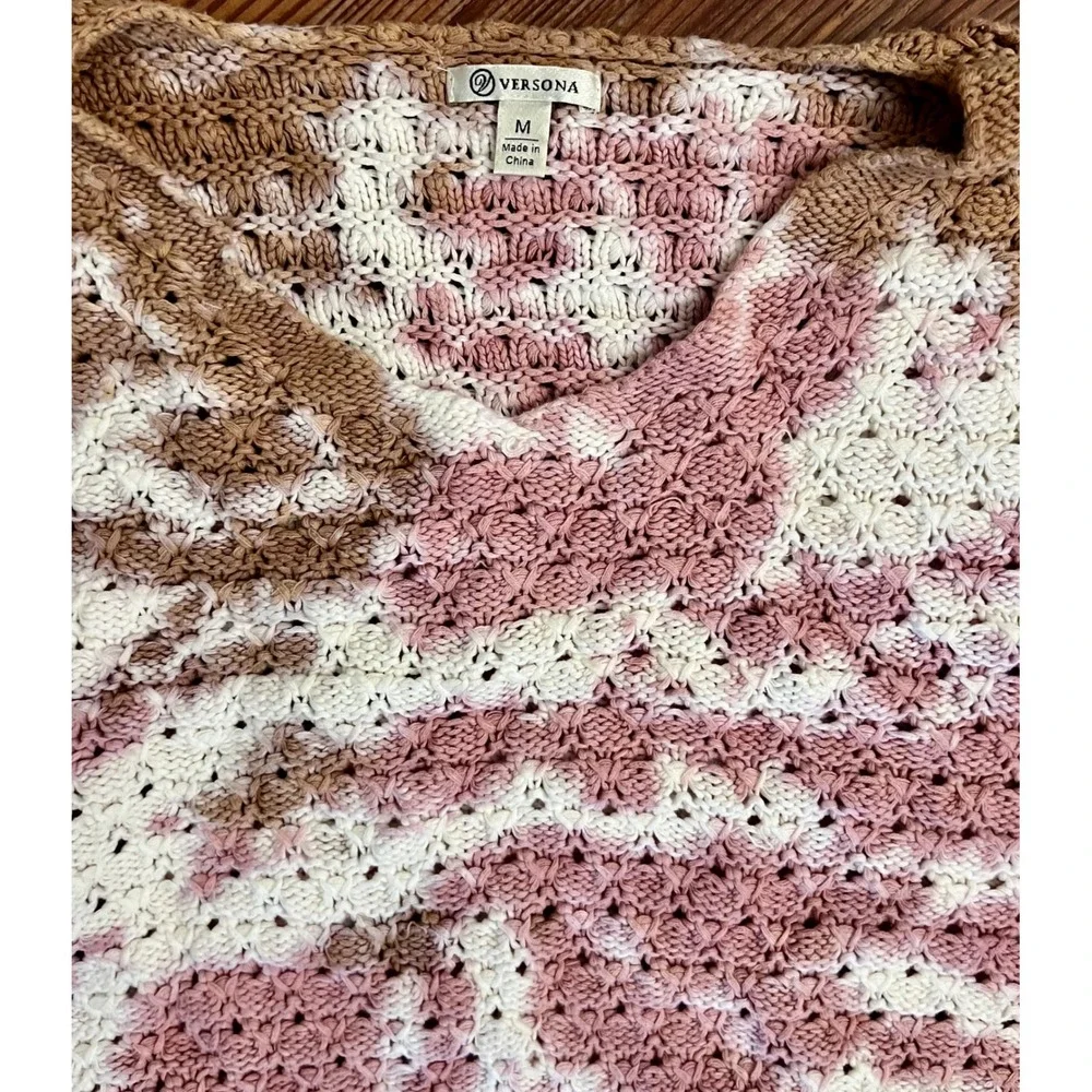 Versona Womens Pink Tan Tie Dye Chunky Open Knit V-Neck Sweater Size Medium
